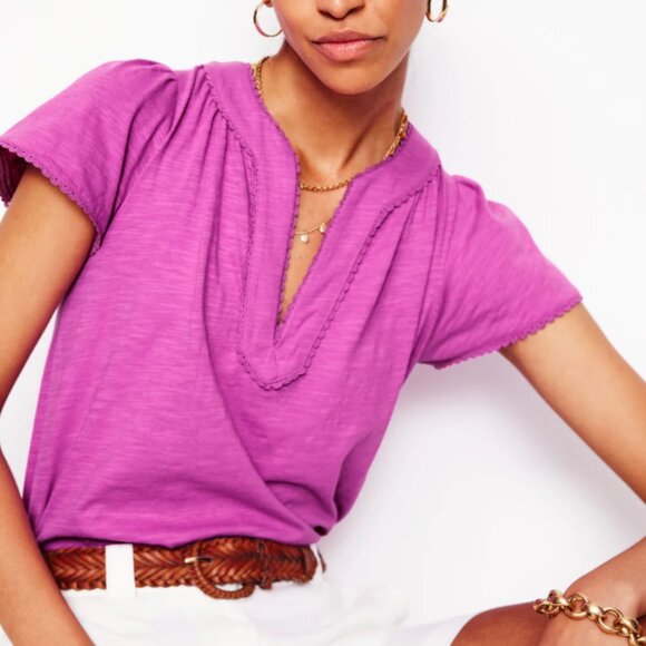 Boden Ava Short Sleeve Trim Top Radiant Orchid Purple Tee 2 - Picture 1 of 9